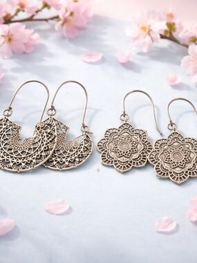 Intricate Floral Filigree Drop Earrings - Silver Tone